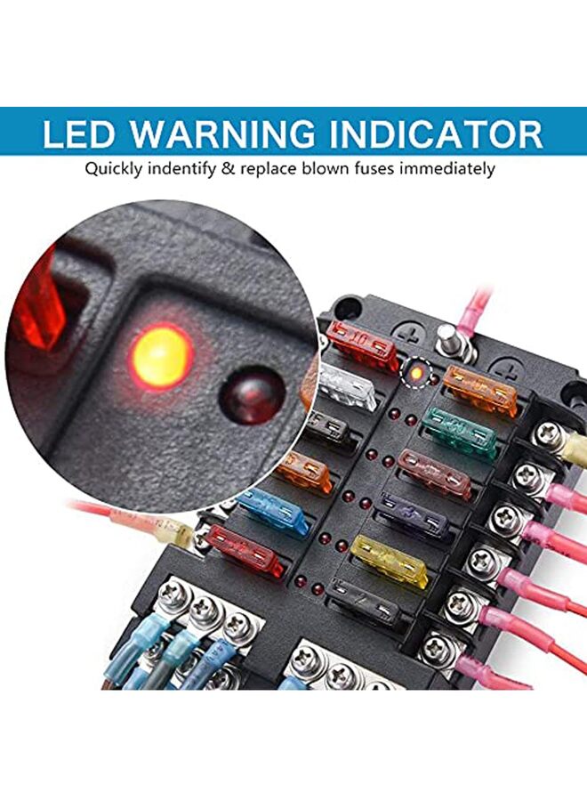 يُسلِّم صندوق فيوزات 12 فولت ذو 12 مخرجًا، حامل فيوزات شفرة 12 فولت، صندوق فيوزات مقاوم للماء ذو 12 دائرة مع ناقل سالب ومؤشر LED للسيارات 12 فولت/24 فولت، عربات الجولف، الشاحنات، السيارات، القوارب، المركبات البحرية، المركبات الترفيهية، الشاحنات الصغيرة - Image 4